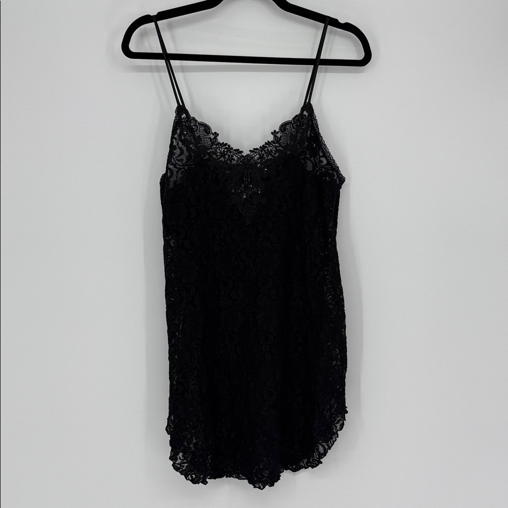 Vintage Cinema Etoile Night Magic Black Lace Beaded Chemise Slip Dress Sz M
